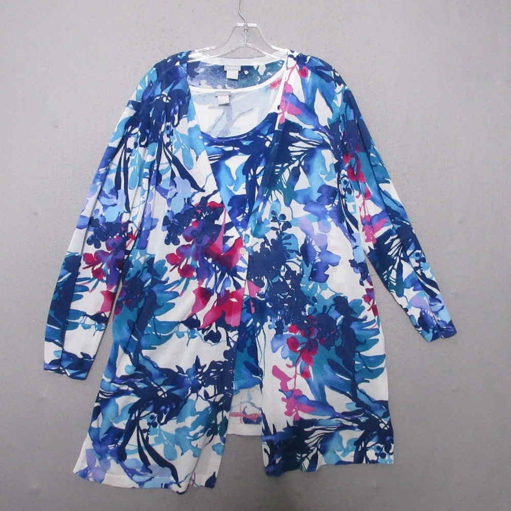 Chicos Cardigan Sweater Tank Set Floral Blue Pink Coastal Comfort Lagenlook READ